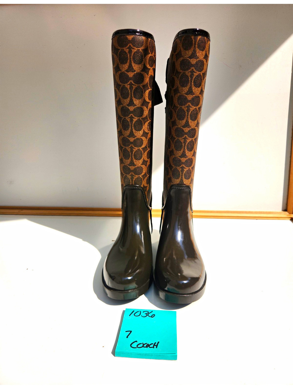 Coach Signature Women’s Brown/Black Knee High Rain Boots Lace-Up Round Toe US 7